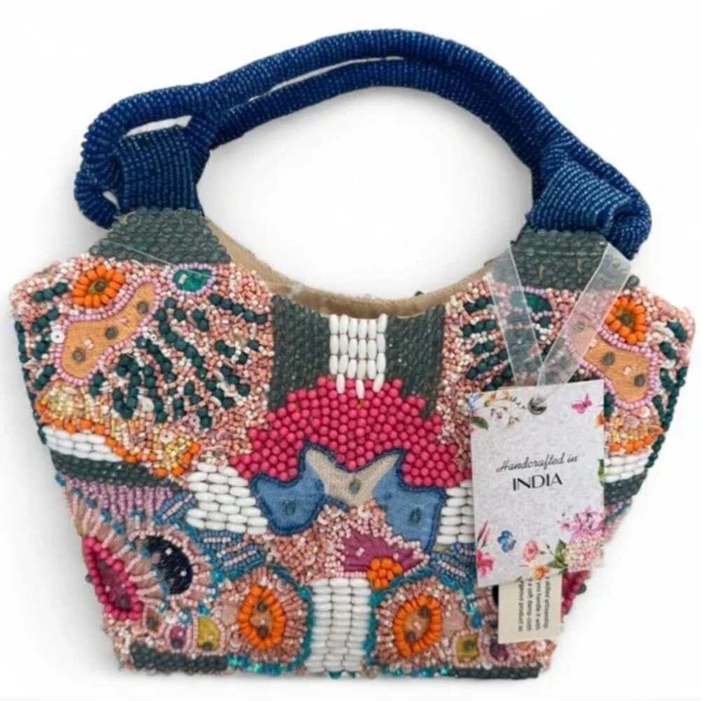 Handcrafted in India Beaded Bag Vibrant Colorful Flower Design Handbag NWT